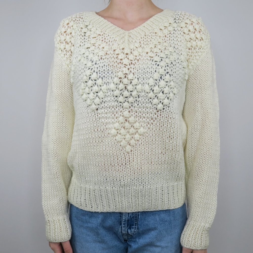 Vintage 80s RBK Cream Knit Pom Pom Sweater